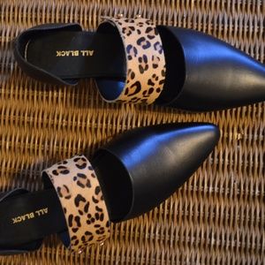 All Black Shoes - All Black Pointed Flats with Leopard Strap All Black Shoes - All Black Pointed Flats with Leopard Strap